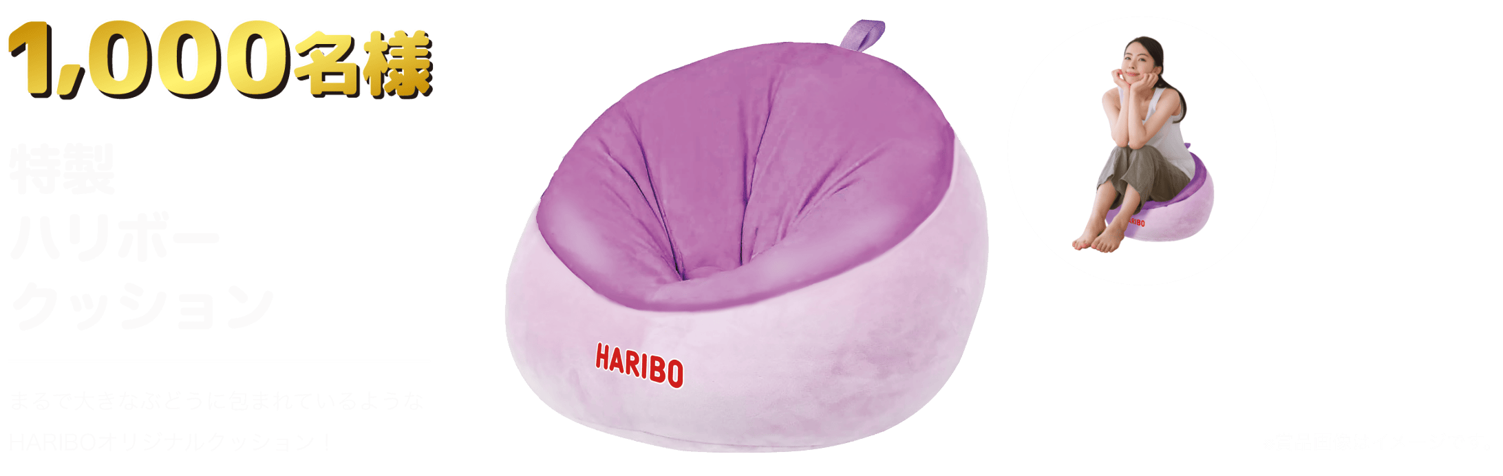 賞品内容 1,000名様 特製ハリボークッション まるで大きなぶどうに包まれいるようなHARIBOオリジナルクッション