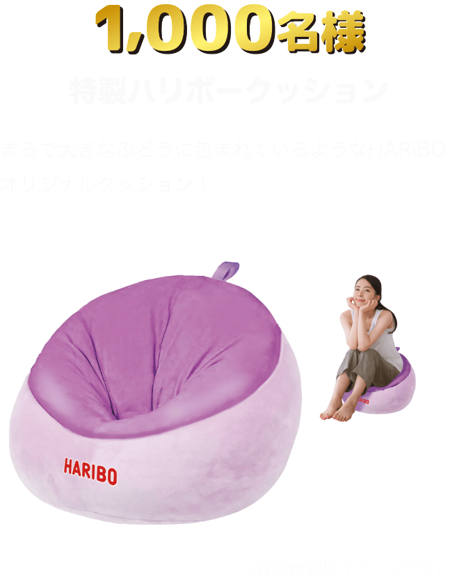賞品内容 1,000名様 特製ハリボークッション まるで大きなぶどうに包まれいるようなHARIBOオリジナルクッション